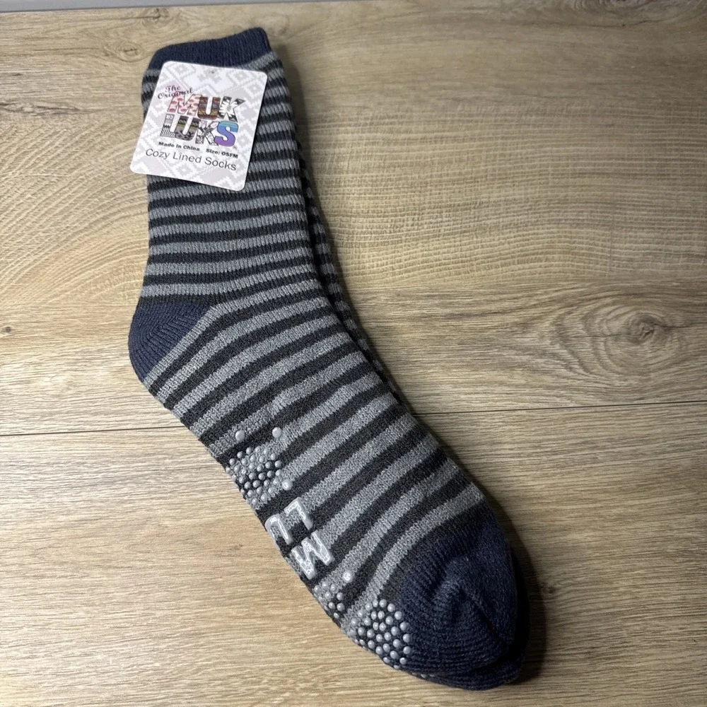 MUK LUKS Cozy Lined Socks Gray Striped One‎ Size Fits Most Lounge Comfy